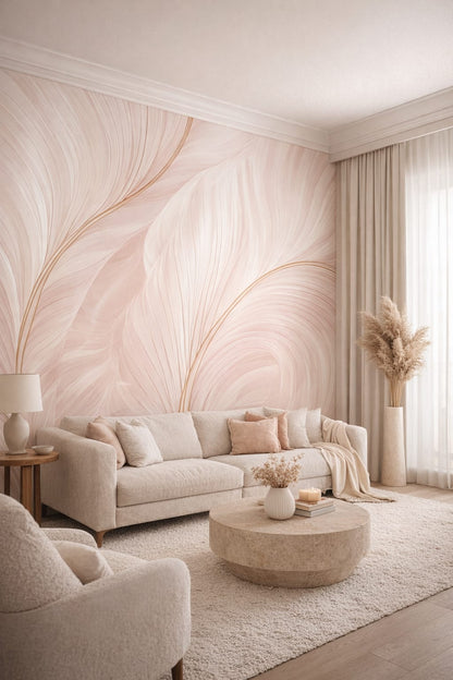 Organic Modern warm blush - Abstract blush wave line art - Wall Mural Peel and Stick Wallpaper for Organic Modern Living Room.