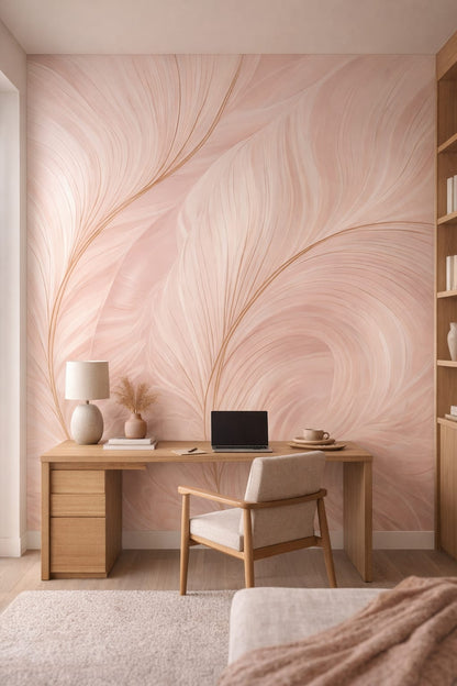 Japandi muted-blush - Abstract blush leaf-sweep pattern - Wall Mural Peel and Stick Wallpaper for Japandi Executive Home Office.