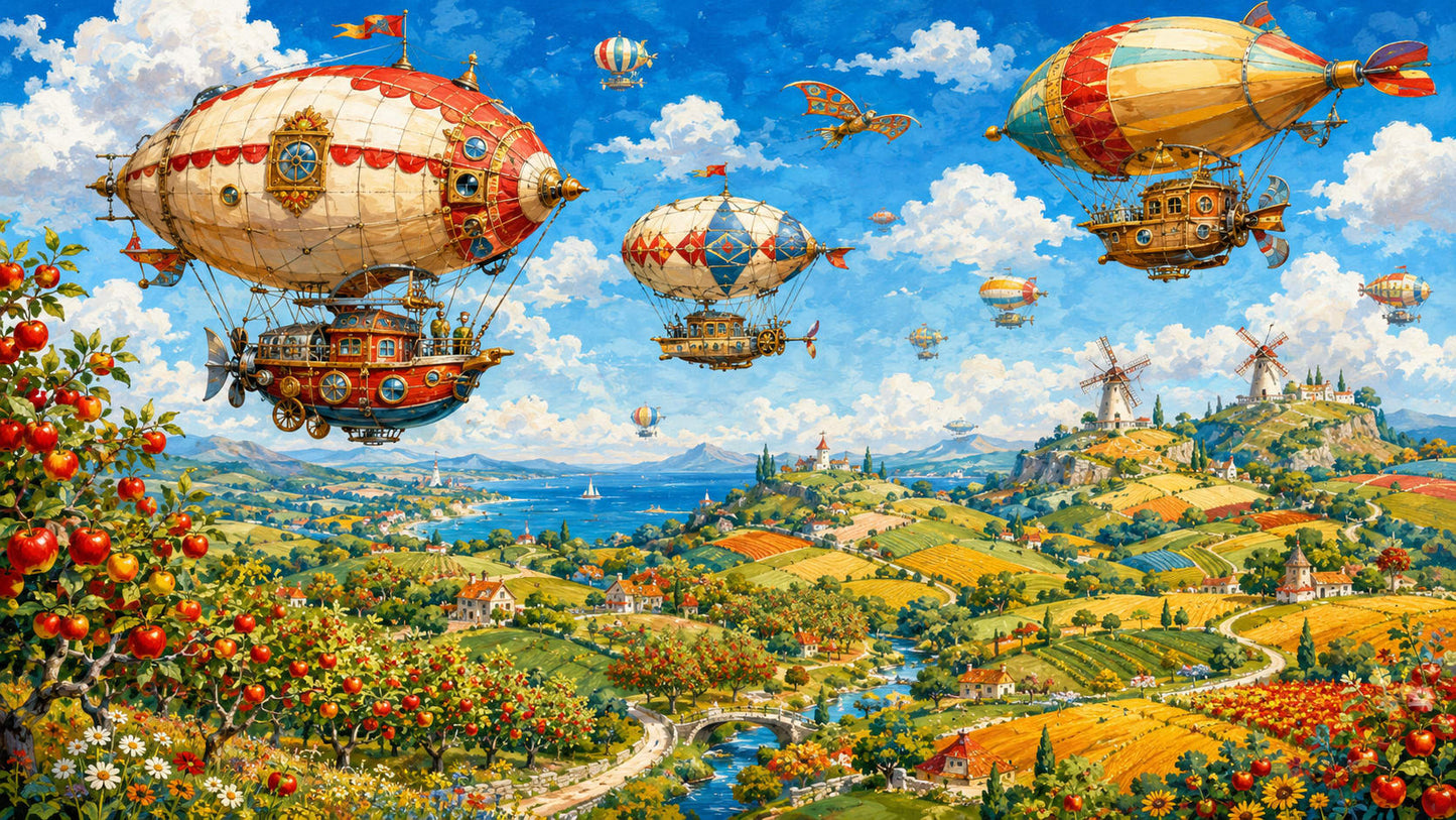 Whimsical Steampunk Blue Steampunk airships featuring countryside landscape and windmills - Wall Mural & Peel and Stick Wallpaper for Illustrated Nursery or Kids Room