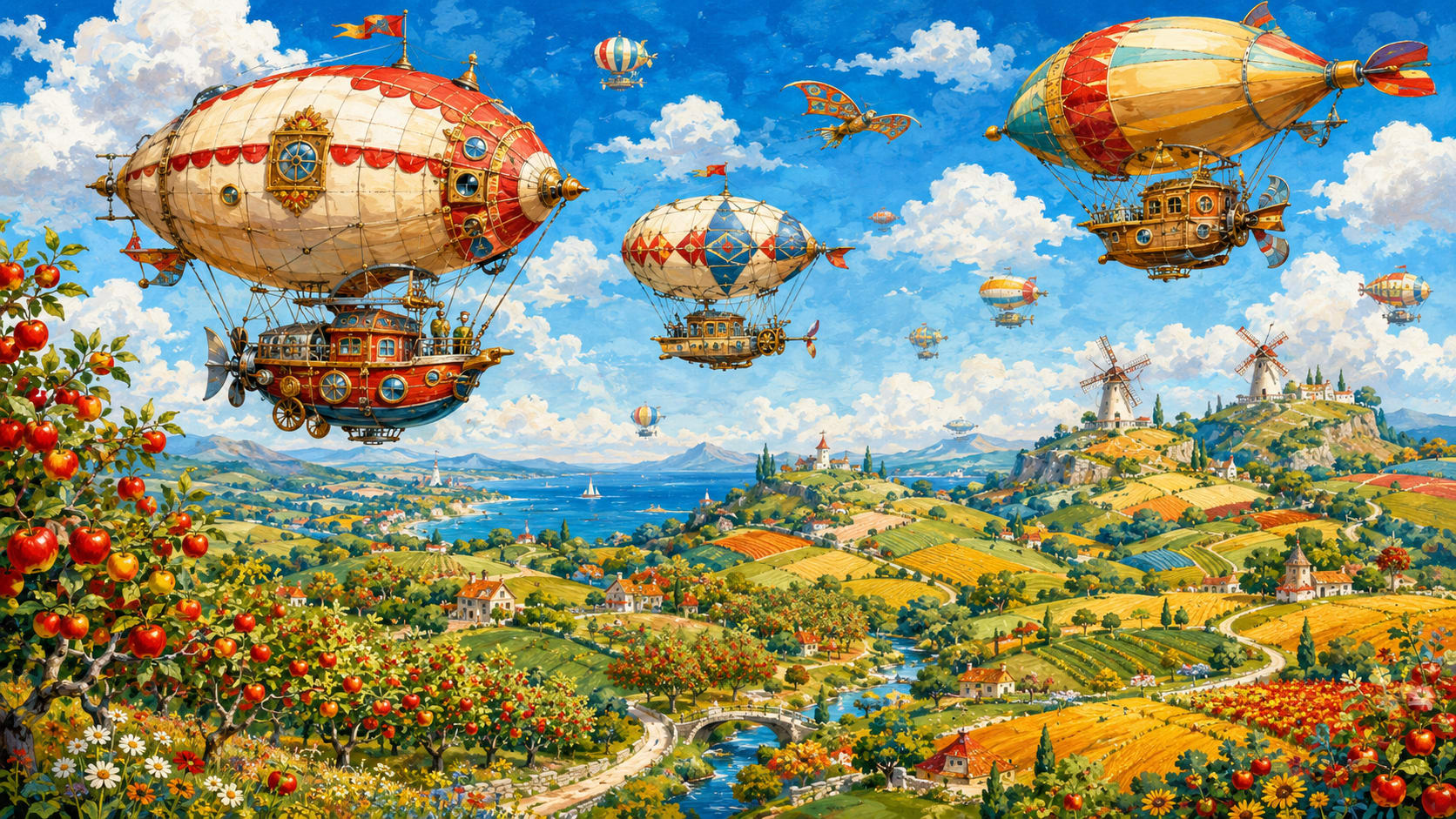 Whimsical Steampunk Blue Steampunk airships featuring countryside landscape and windmills - Wall Mural & Peel and Stick Wallpaper for Illustrated Nursery or Kids Room