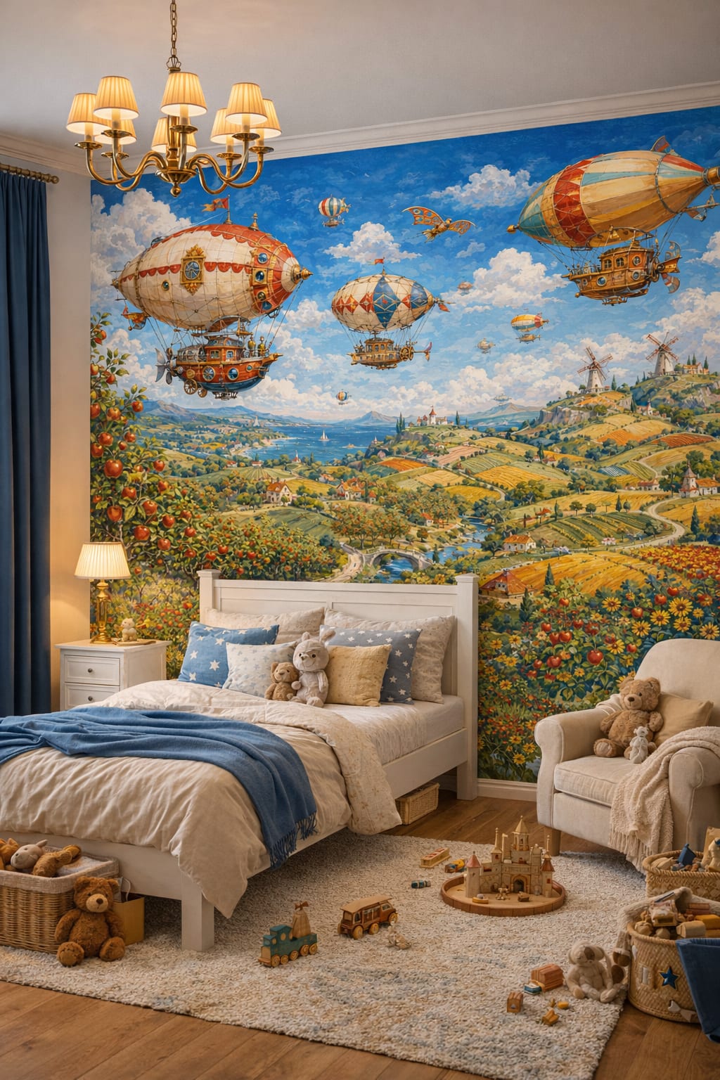 Classic Storybook dusty rose steampunk airships featuring windmills - Wall Mural Peel and Stick Wallpaper for Classic Storybook Kids Bedroom.