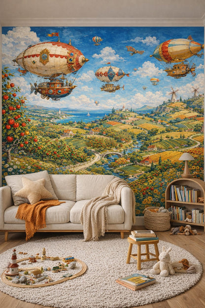 Scandi Kids white steampunk airships featuring windmills - Wall Mural Peel and Stick Wallpaper for Scandi Kids Reading Corner.