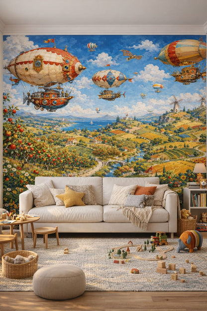 Whimsical Boho Terracotta steampunk airships featuring windmills - Wall Mural Peel and Stick Wallpaper for Whimsical Boho Playroom.