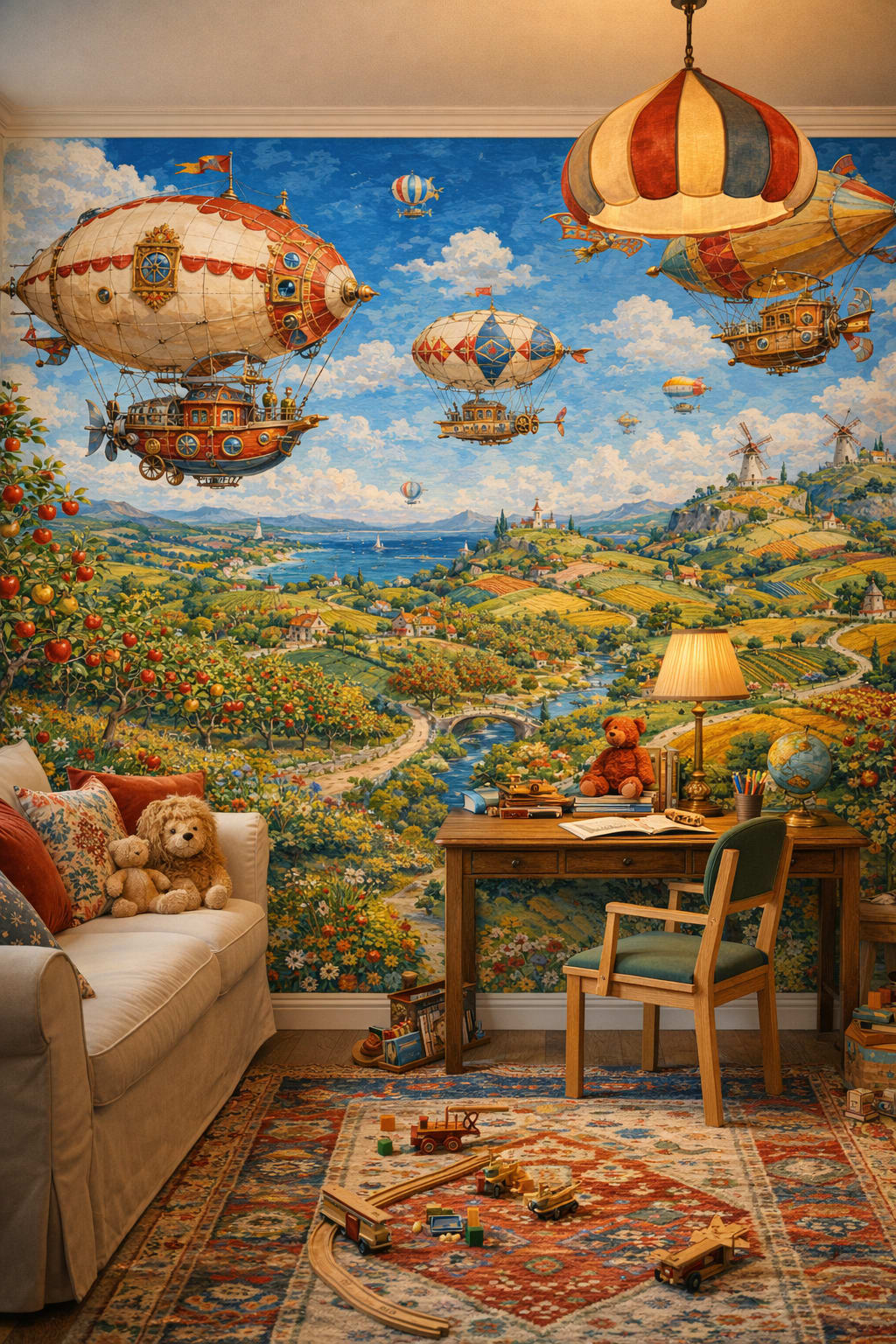 Circus Retro red steampunk airships featuring windmills - Wall Mural Peel and Stick Wallpaper for Circus Retro Homework / Study Corner.