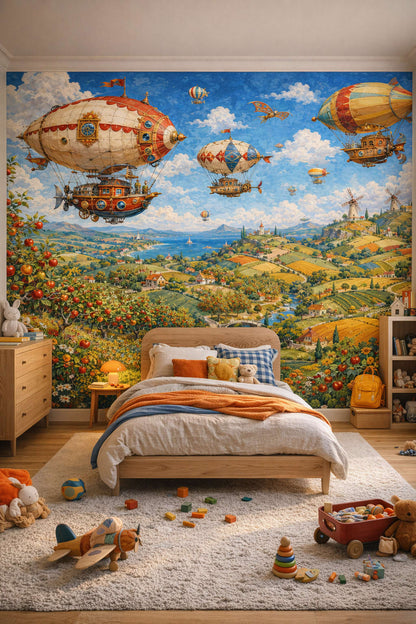 Teal walnut steampunk airships featuring windmills - Wall Mural Peel and Stick Wallpaper for Mid-century Kids Kids Bedroom.