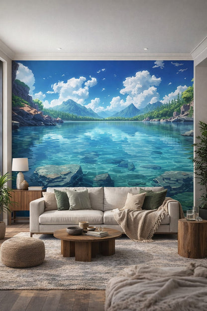 Green neutral biophilic mountain lake landscape featuring pine forest - Wall Mural Peel and Stick Wallpaper for Biophilic Design Living Room.