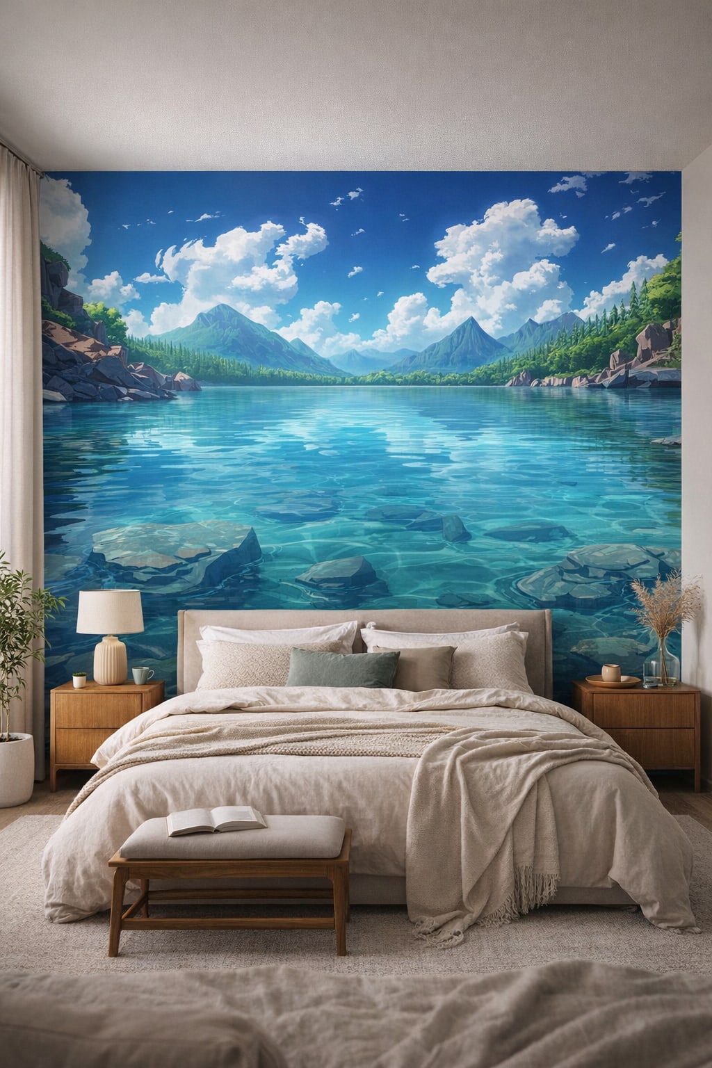 Cream sand Organic Modern mountain lake landscape featuring pine forest - Wall Mural Peel and Stick Wallpaper for Organic Modern Master Bedroom.
