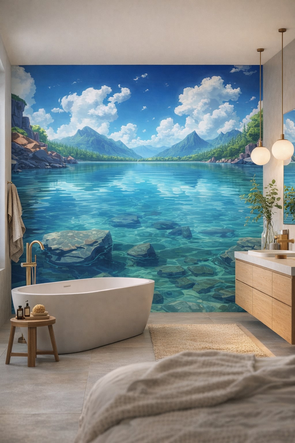 Sand-toned Japandi mountain lake landscape featuring cloudscape - Wall Mural Peel and Stick Wallpaper for Japandi Luxury Bathroom.