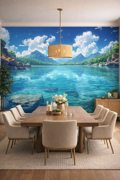 Sand-white Resort Style mountain lake landscape featuring pine forest - Wall Mural Peel and Stick Wallpaper for Resort Style Formal Dining Room.