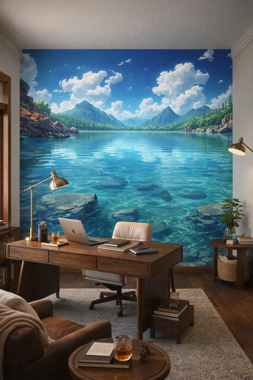 California Modern neutrals - mountain lake landscape featuring cloudscape - Wall Mural Peel and Stick Wallpaper for California Modern Executive Home Office.
