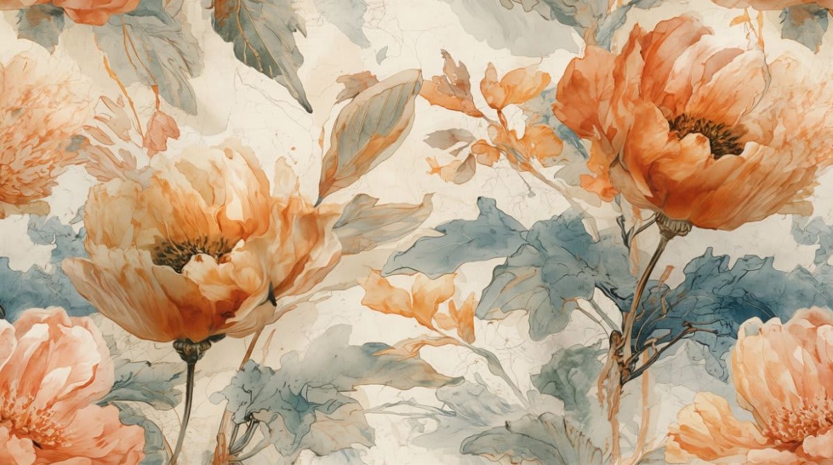 Dreamy romantic Soft orange floral blossoms featuring botanical leaves and watercolor wash - Wall Mural & Peel and Stick Wallpaper for Watercolor Interiors and Premium Home Styling.