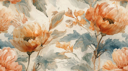 Dreamy romantic Soft orange floral blossoms featuring botanical leaves and watercolor wash - Wall Mural & Peel and Stick Wallpaper for Watercolor Interiors and Premium Home Styling.