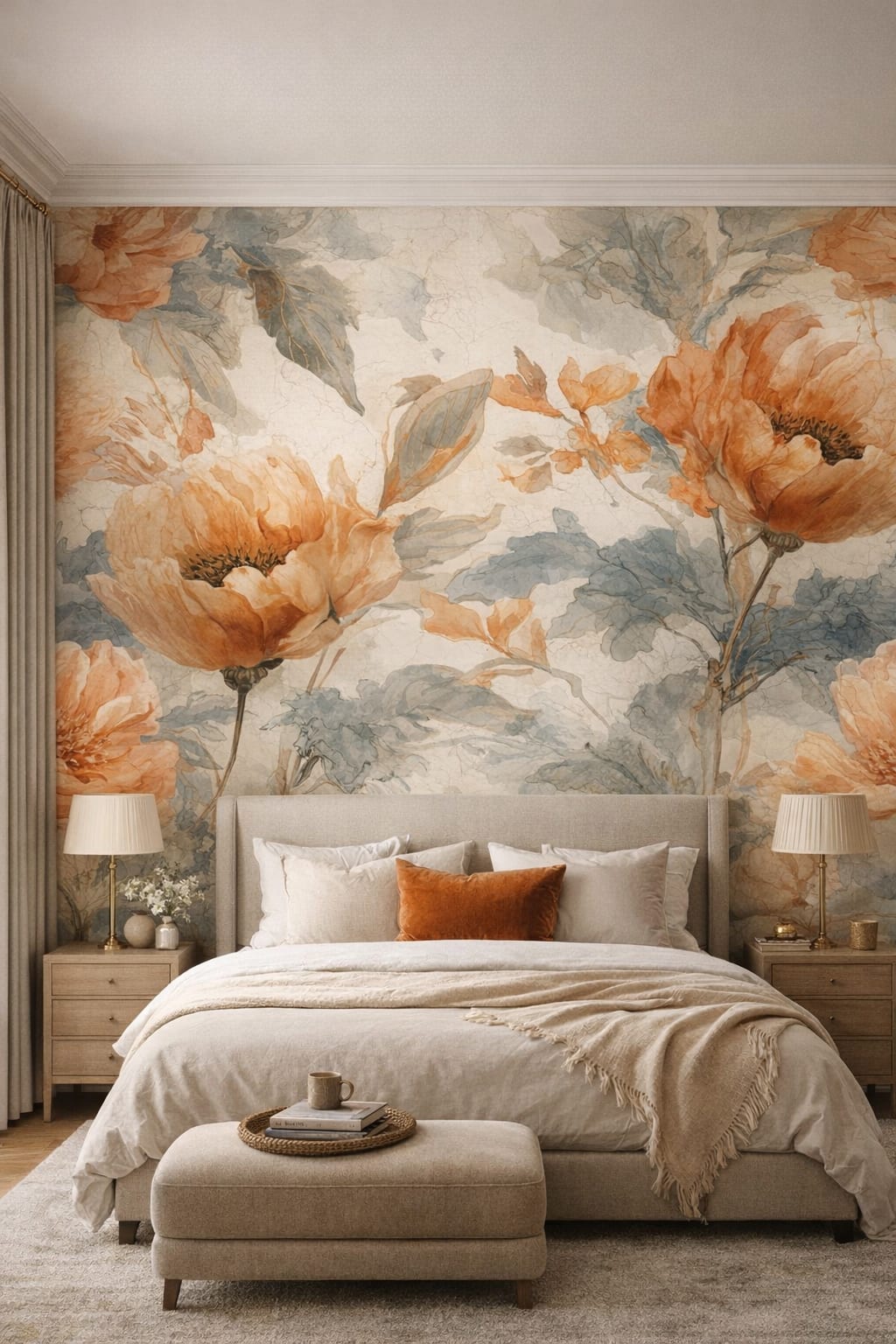 Greige Quiet Luxury floral blossoms featuring watercolor wash - Wall Mural Peel and Stick Wallpaper for Quiet Luxury Master Bedroom.