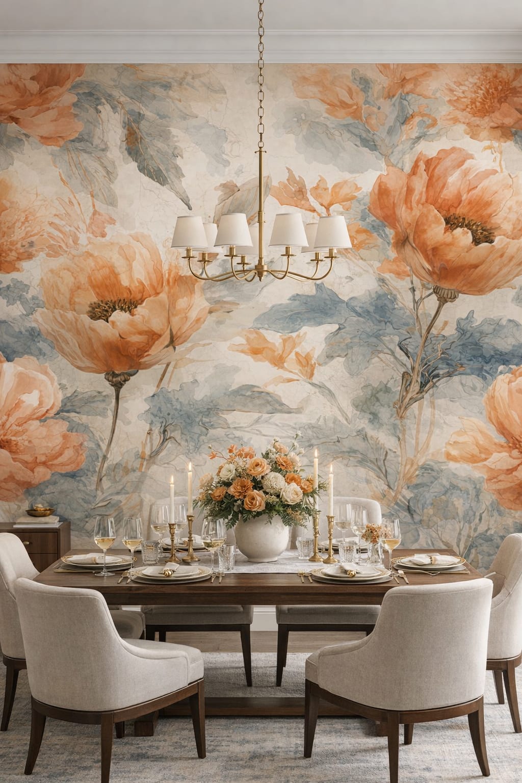 Modern Classic soft taupe floral blossoms featuring watercolor wash - Wall Mural Peel and Stick Wallpaper for Modern Classic Formal Dining Room.