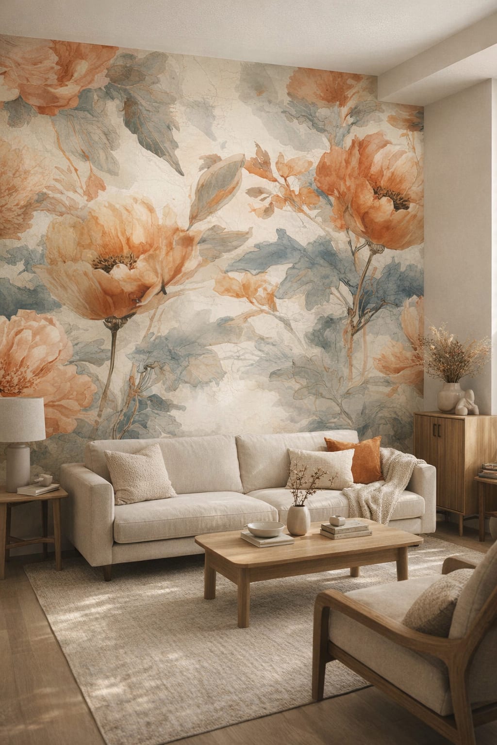 Japandi sand-toned floral blossoms featuring botanical leaves - Wall Mural Peel and Stick Wallpaper for Japandi Living Room.