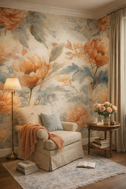 Cream floral-neutral Grandmillennial floral blossoms featuring botanical leaves - Wall Mural Peel and Stick Wallpaper for Grandmillennial Reading Corner.