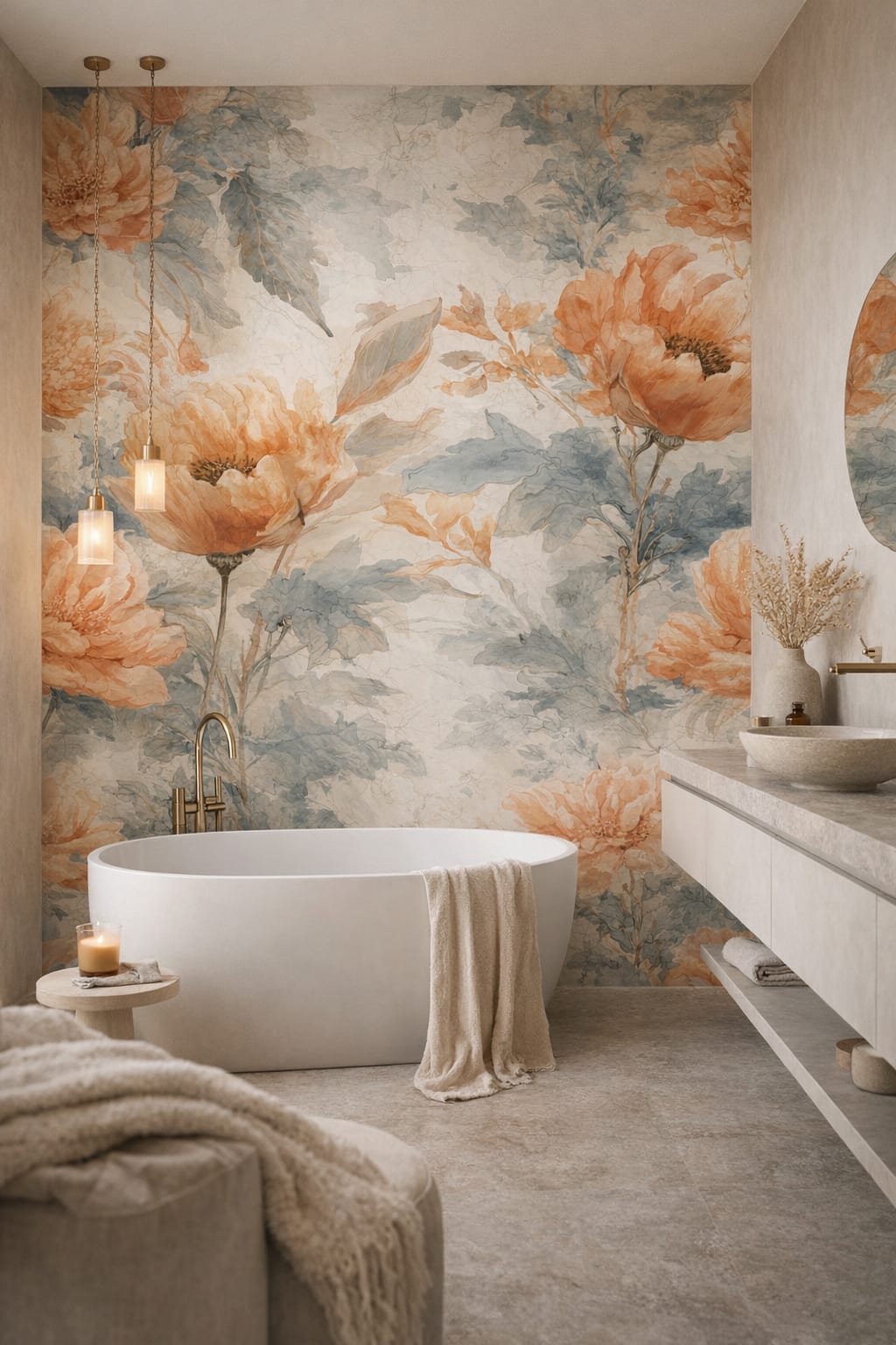 Organic Modern cream-toned floral blossoms featuring botanical leaves - Wall Mural Peel and Stick Wallpaper for Organic Modern Luxury Bathroom.