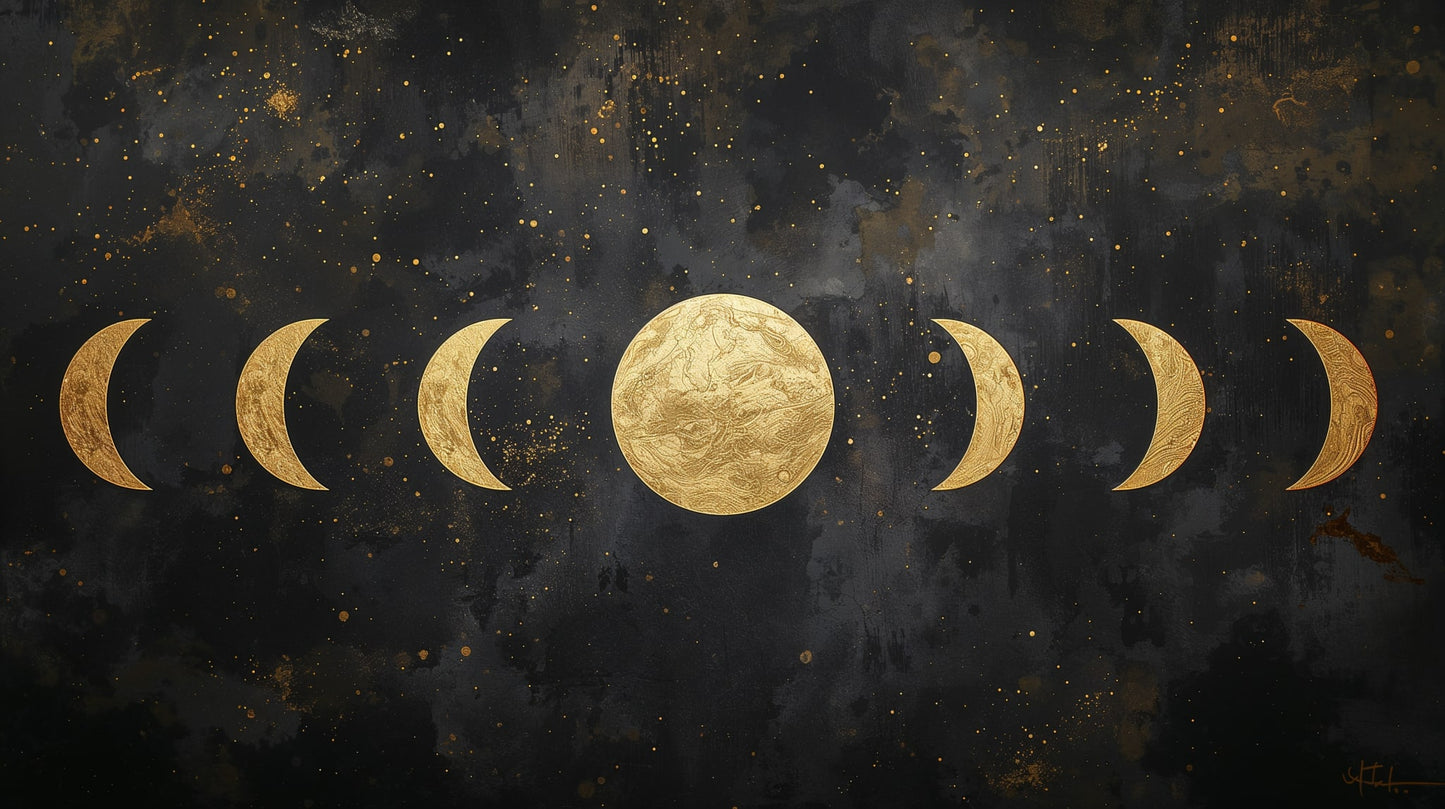 Moody minimalist Black lunar phases featuring full moon, crescent moons and starfield - Wall Mural & Peel and Stick Wallpaper for Minimalist Interiors and Premium Home Styling.