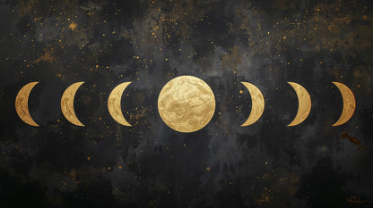 Moody minimalist Black lunar phases featuring full moon, crescent moons and starfield - Wall Mural & Peel and Stick Wallpaper for Minimalist Interiors and Premium Home Styling.