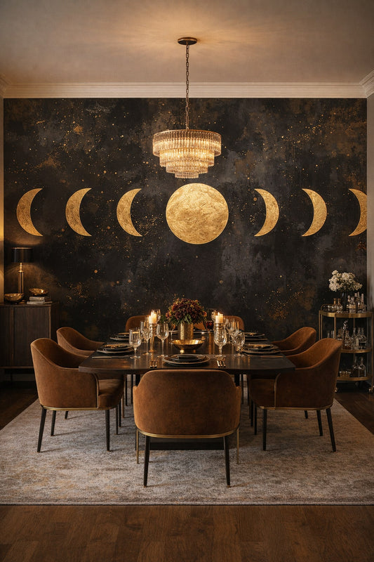 Art Deco black-and-gold lunar phases featuring crescent moons - Wall Mural Peel and Stick Wallpaper for Art Deco Formal Dining Room.