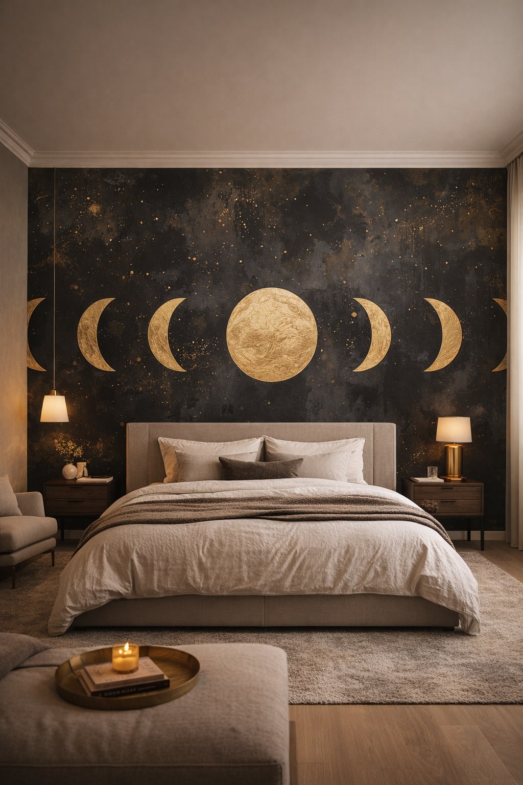 Quiet Luxury, soft charcoal lunar phases featuring starfield - Wall Mural Peel and Stick Wallpaper for Quiet Luxury Master Bedroom.