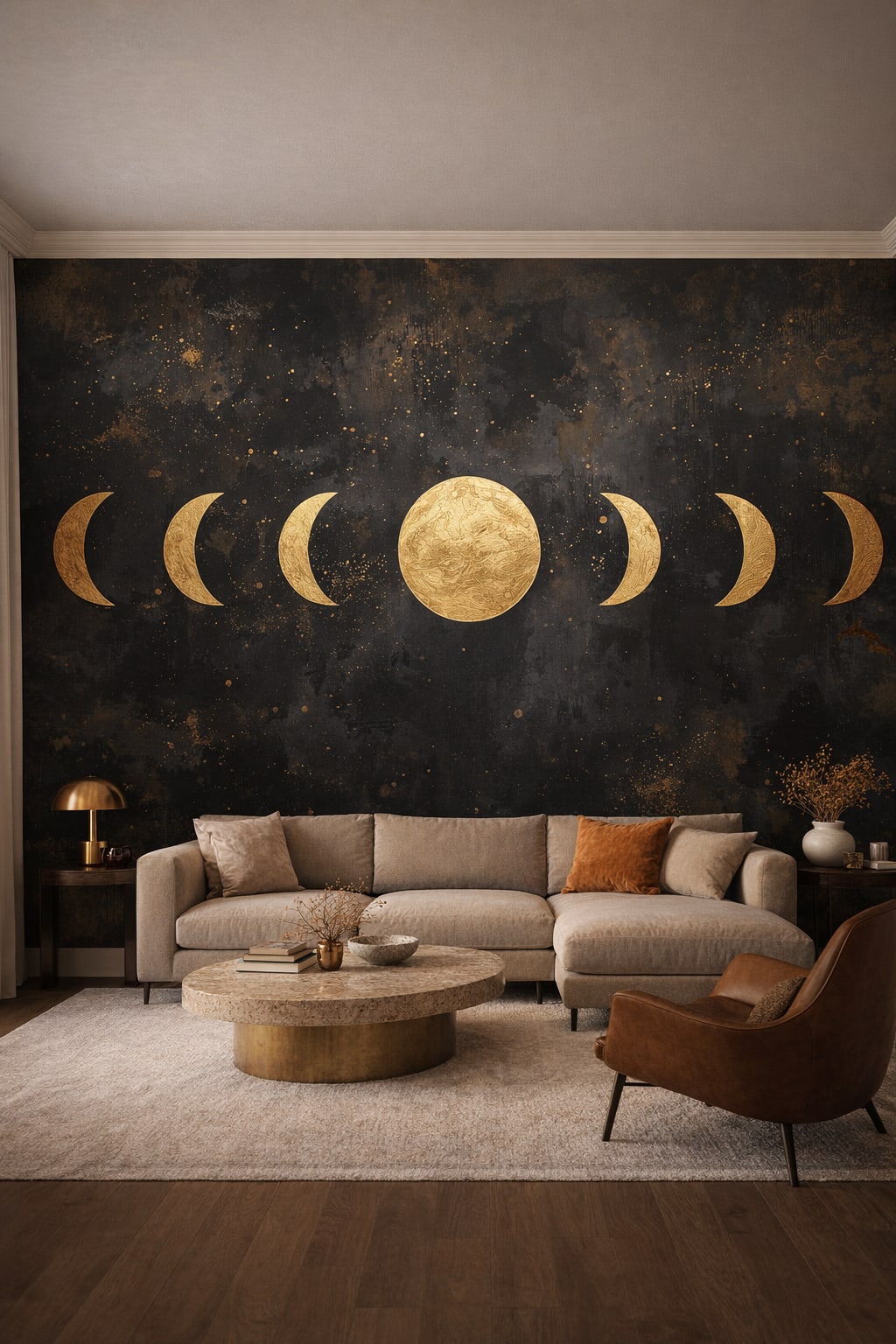 Luxury Contemporary, neutral-stone lunar phases featuring starfield - Wall Mural Peel and Stick Wallpaper for Luxury Contemporary Living Room.