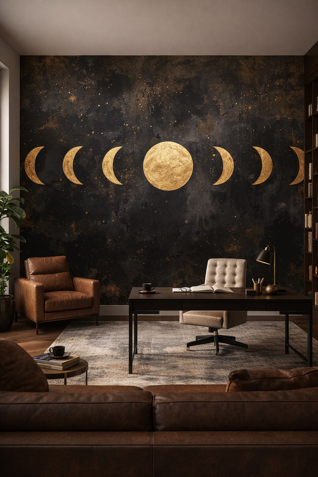 Modern (Modernist) monochrome lunar phases featuring a starfield - Wall Mural Peel and Stick Wallpaper for Modern (Modernist) Executive Home Office.