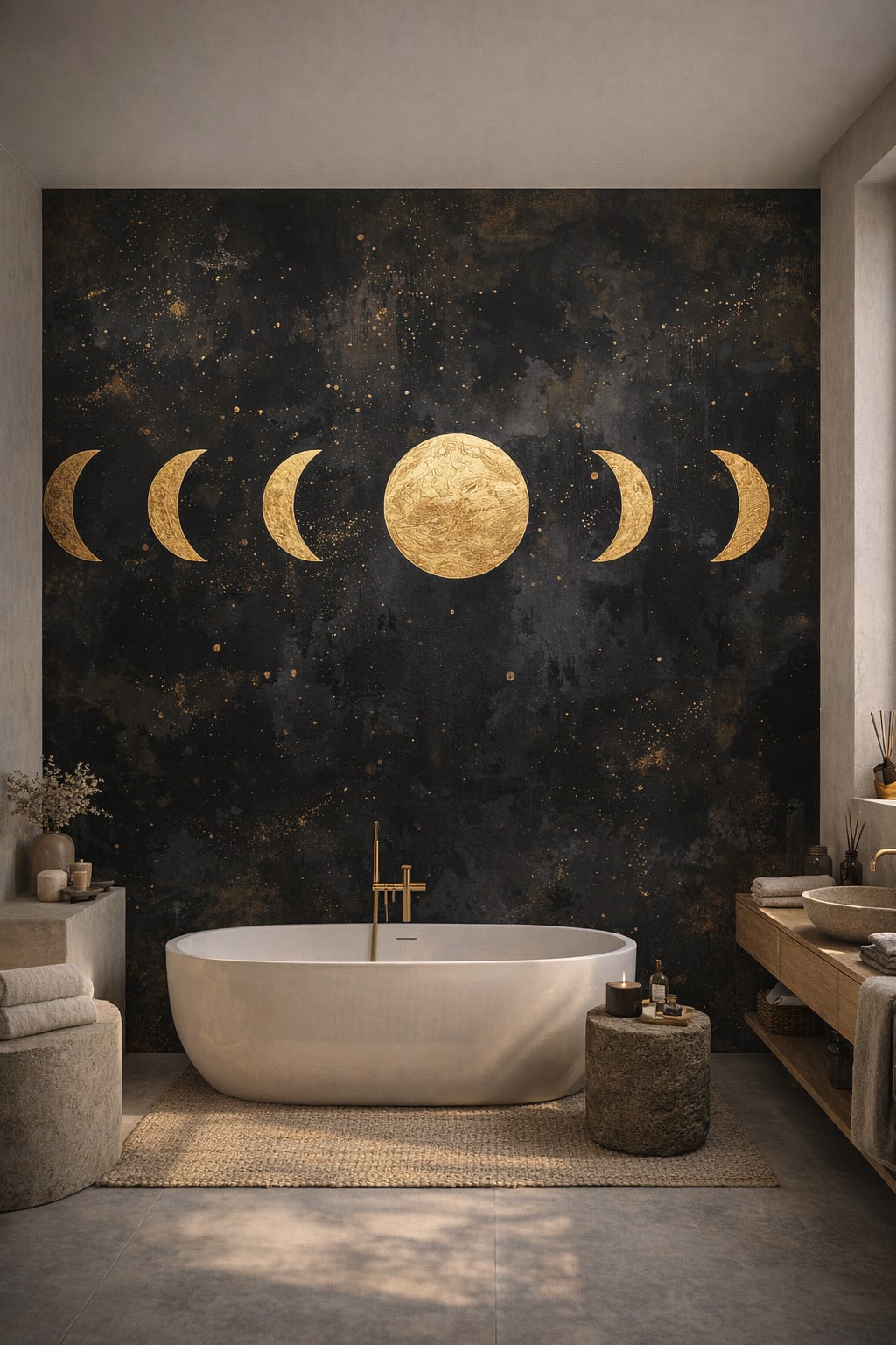 Zen neutral lunar phases featuring starfield - Wall Mural Peel and Stick Wallpaper for Zen Luxury Bathroom.