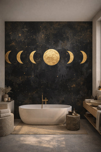 Zen neutral lunar phases featuring starfield - Wall Mural Peel and Stick Wallpaper for Zen Luxury Bathroom.