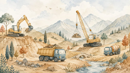 Whimsical Watercolor Beige Construction Vehicles featuring mountain landscape and river landscape - Wall Mural & Peel and Stick Wallpaper for Watercolor Nursery or Kids Room