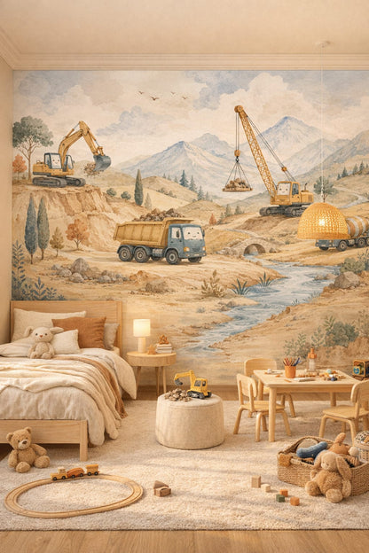 Neutral, Modern Montessori construction vehicles featuring mountain landscape - Wall Mural Peel and Stick Wallpaper for Modern Montessori Kids Bedroom.