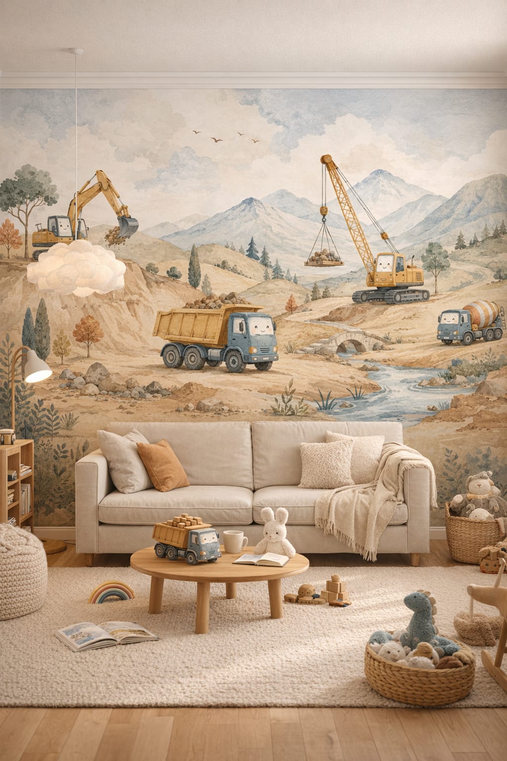 White birch Scandi Kids construction vehicles featuring mountain landscape - Wall Mural Peel and Stick Wallpaper for Scandi Kids Reading Corner.