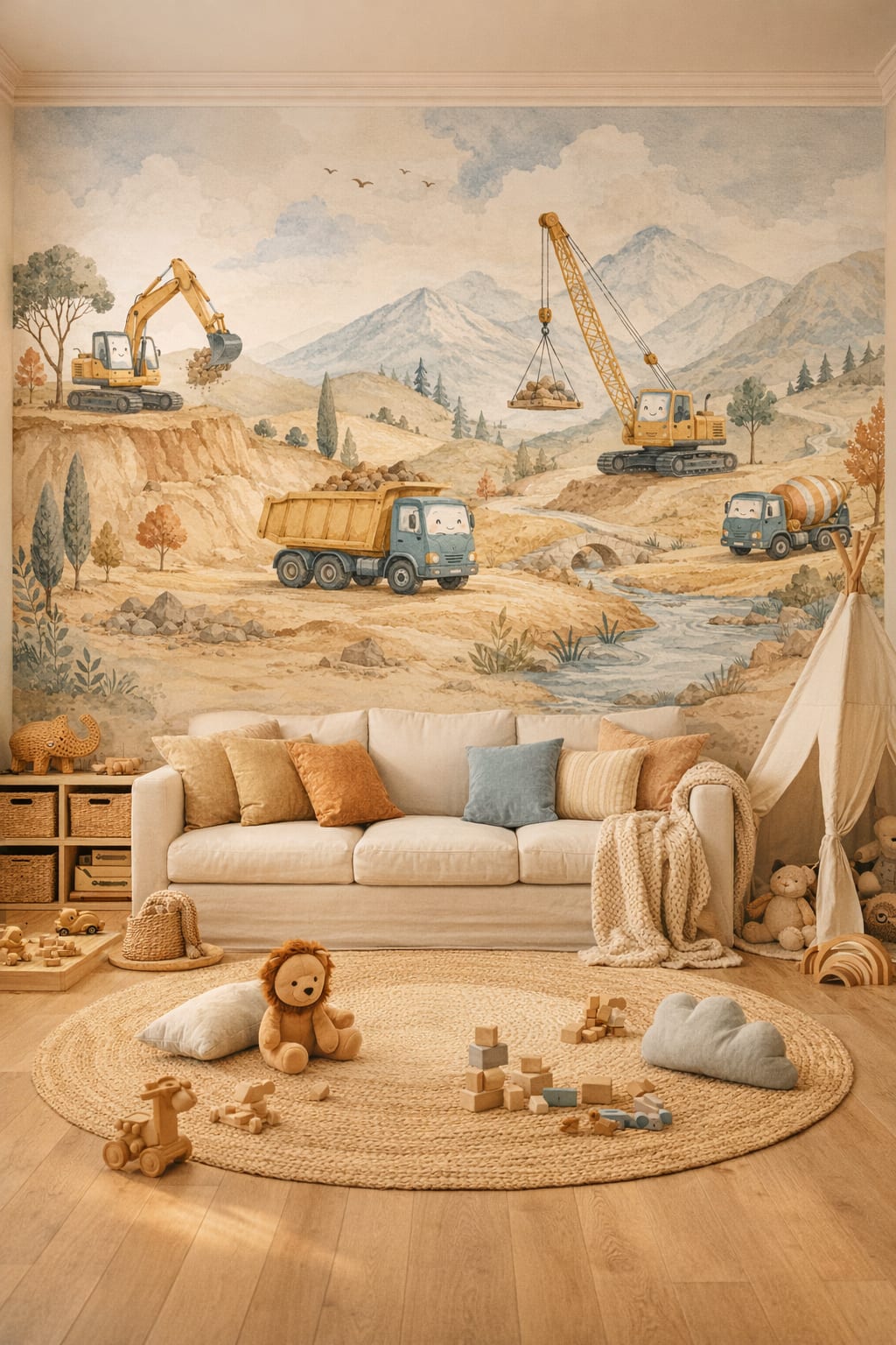 Modern Safari sand construction vehicles featuring mountain landscape - Wall Mural Peel and Stick Wallpaper for Modern Safari Playroom.