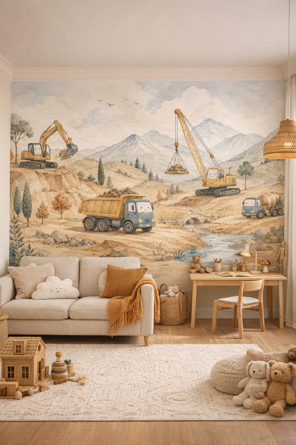 Whimsical Boho terracotta construction vehicles featuring mountain landscape - Wall Mural Peel and Stick Wallpaper for Whimsical Boho Homework / Study Corner.