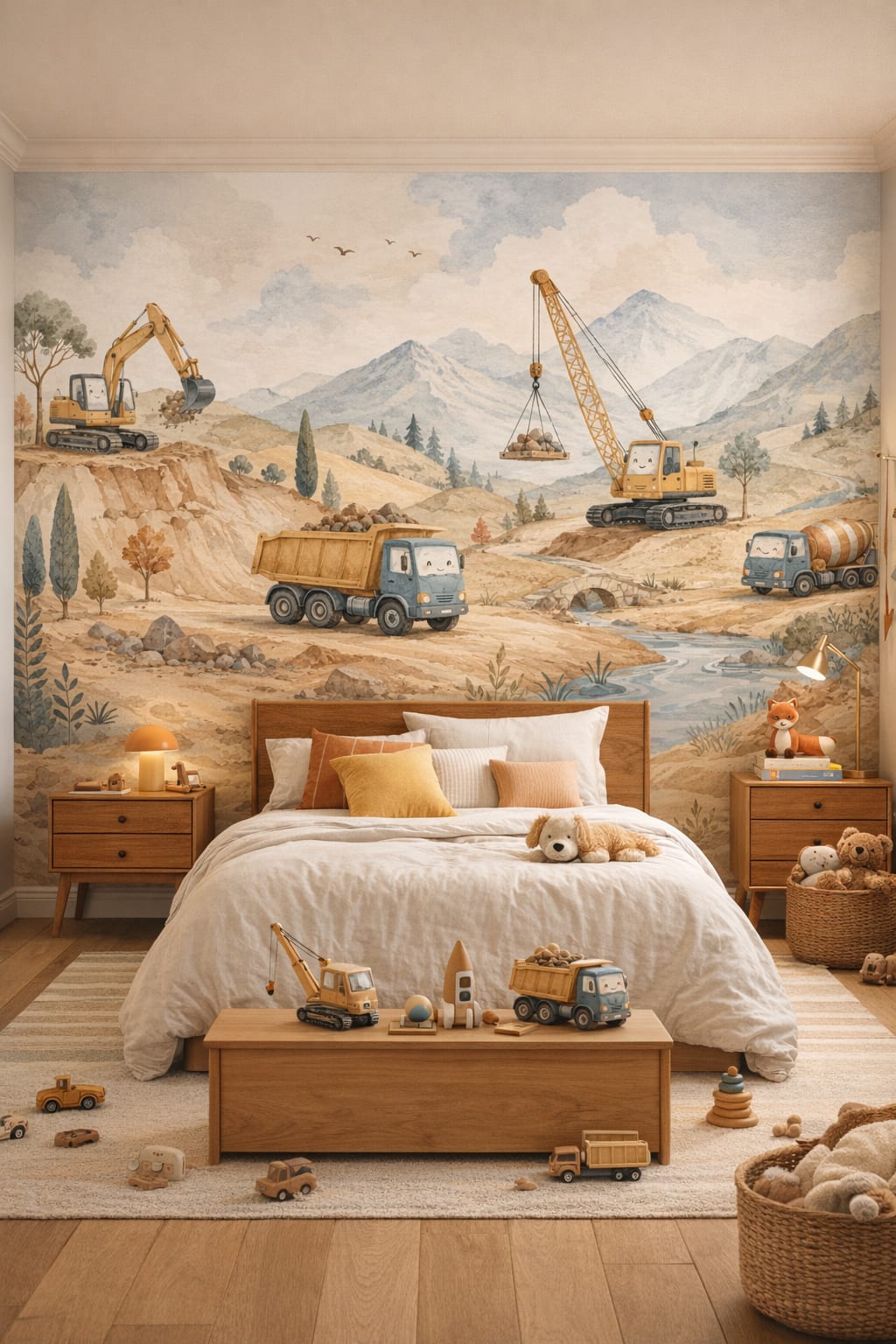 Mid-century Kids teal construction vehicles featuring mountain landscape - Wall Mural Peel and Stick Wallpaper for Mid-century Kids Kids Bedroom.