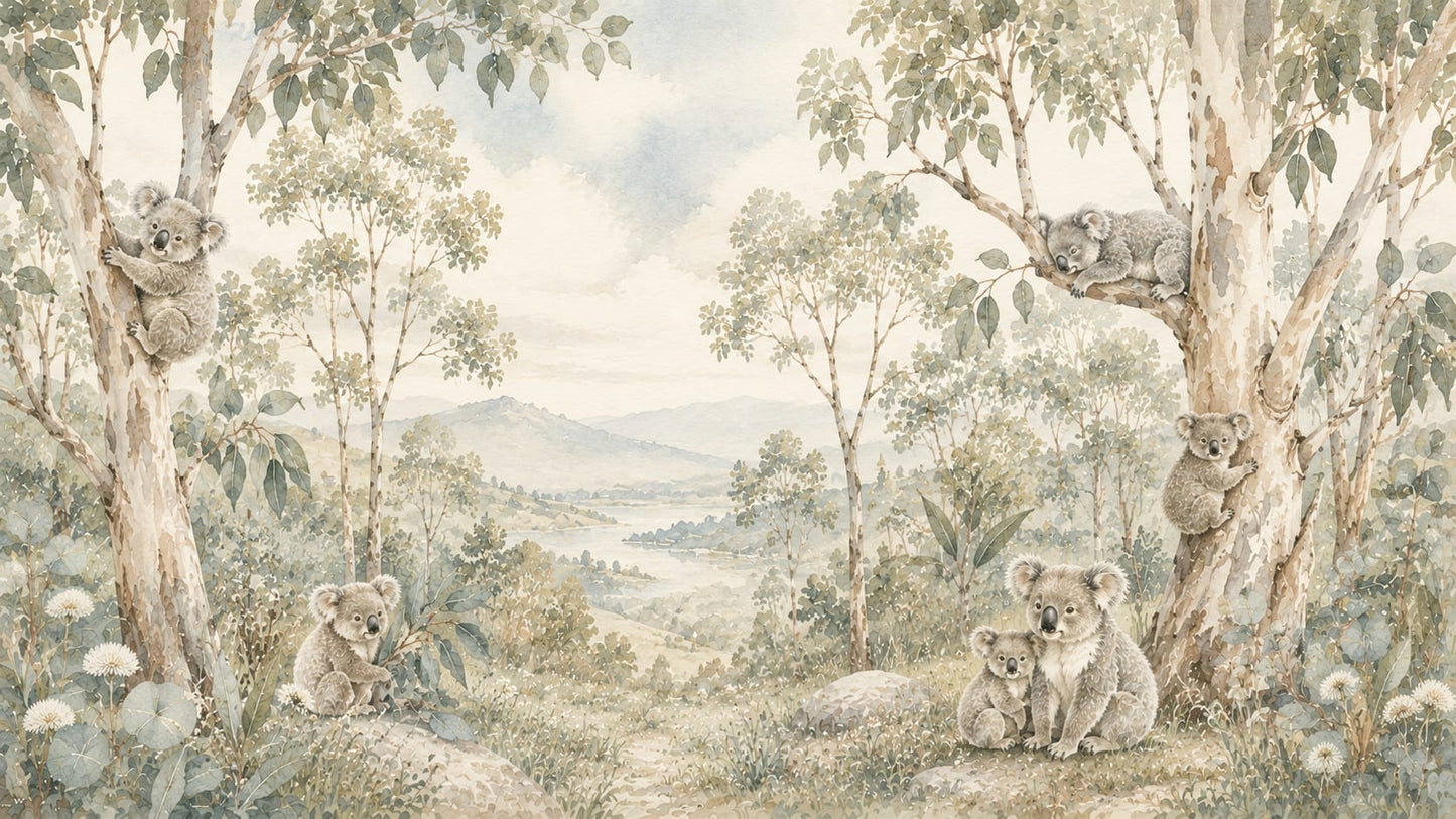 Gentle whimsical Sage Green koala featuring eucalyptus trees and mountain landscape - Wall Mural & Peel and Stick Wallpaper for Watercolor Nursery or Kids Room