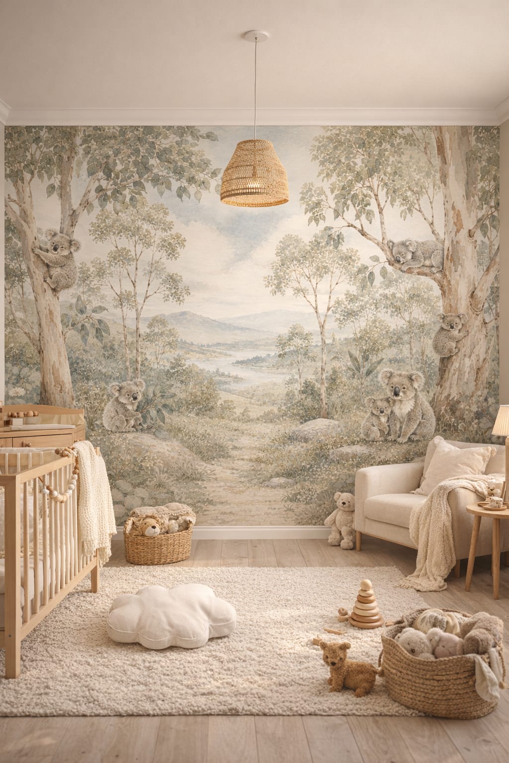 Scandi Kids white birch koala featuring eucalyptus trees - Wall Mural Peel and Stick Wallpaper for Scandi Kids Nursery.