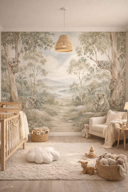 Scandi Kids white birch koala featuring eucalyptus trees - Wall Mural Peel and Stick Wallpaper for Scandi Kids Nursery.