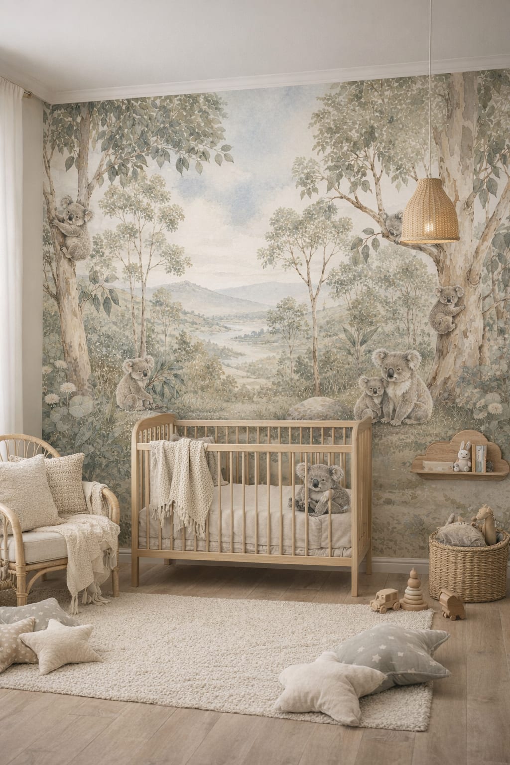 Sage Whimsical Boho koala featuring eucalyptus trees - Wall Mural Peel and Stick Wallpaper for Whimsical Boho Nursery.