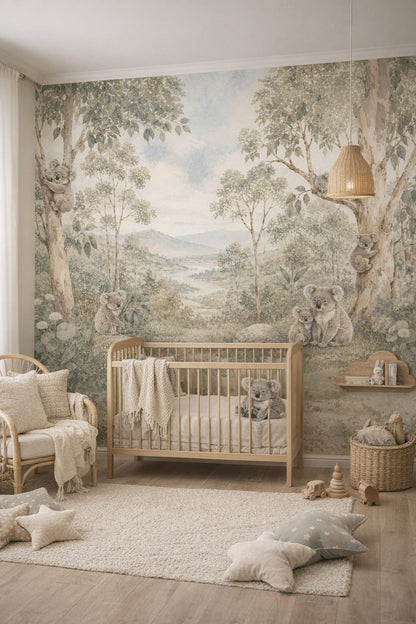 Sage Whimsical Boho koala featuring eucalyptus trees - Wall Mural Peel and Stick Wallpaper for Whimsical Boho Nursery.