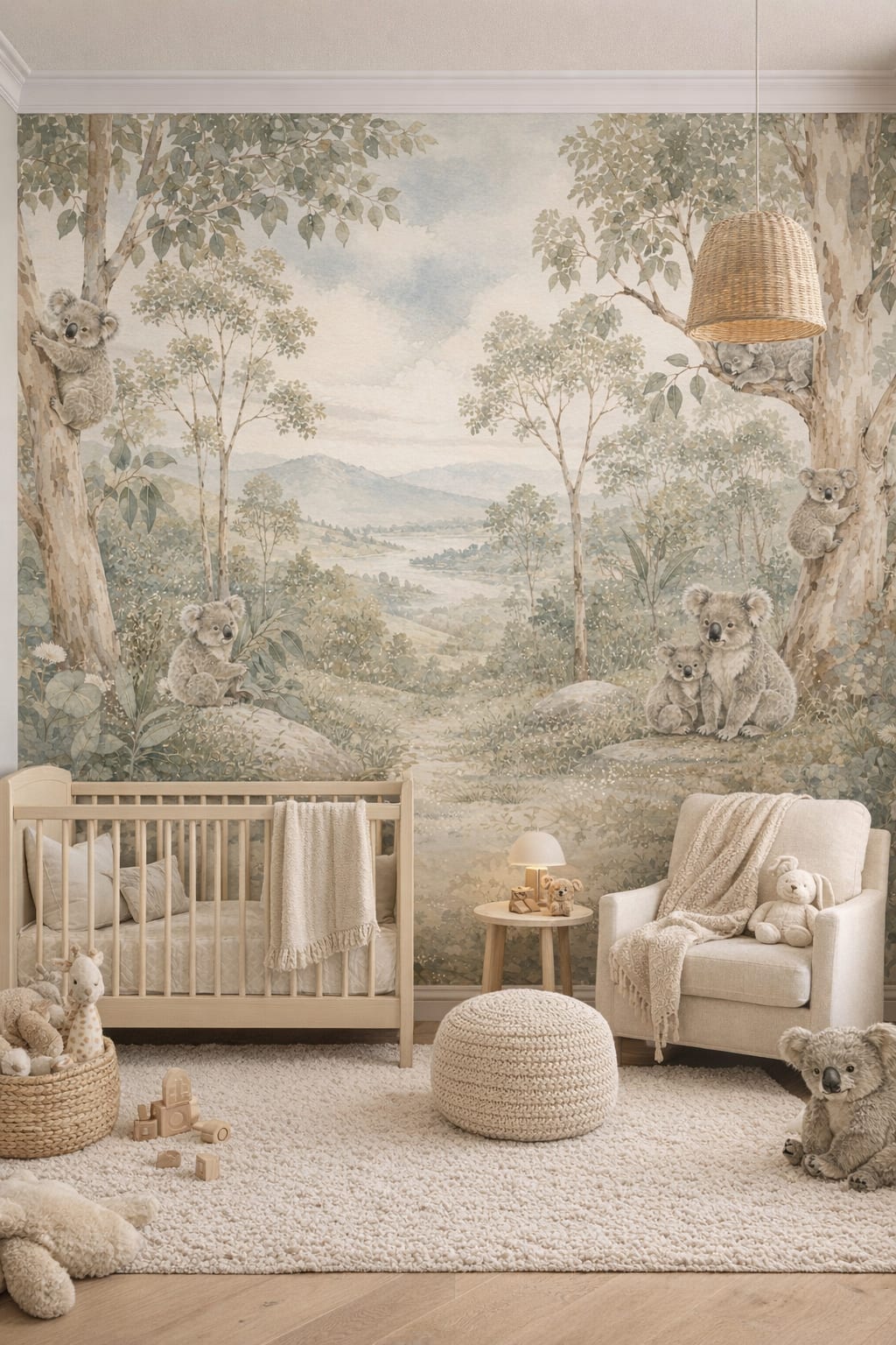 Olive Modern Safari koala featuring eucalyptus trees - Wall Mural Peel and Stick Wallpaper for Modern Safari Nursery.