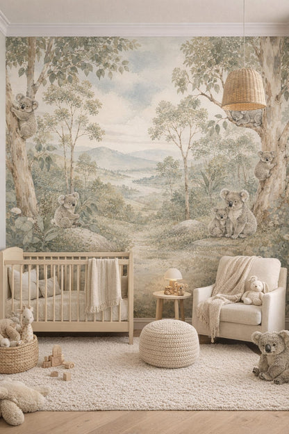 Olive Modern Safari koala featuring eucalyptus trees - Wall Mural Peel and Stick Wallpaper for Modern Safari Nursery.