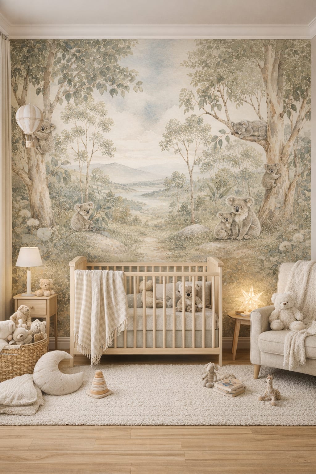 Moss green, Woodland / Forest koalas featuring eucalyptus trees - Wall Mural Peel and Stick Wallpaper for Woodland / Forest Nursery.