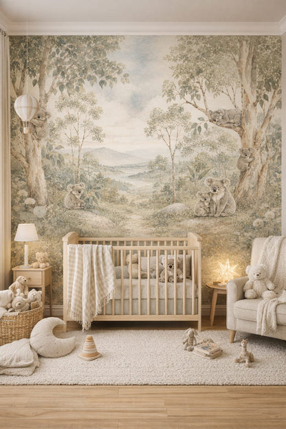 Moss green, Woodland / Forest koalas featuring eucalyptus trees - Wall Mural Peel and Stick Wallpaper for Woodland / Forest Nursery.
