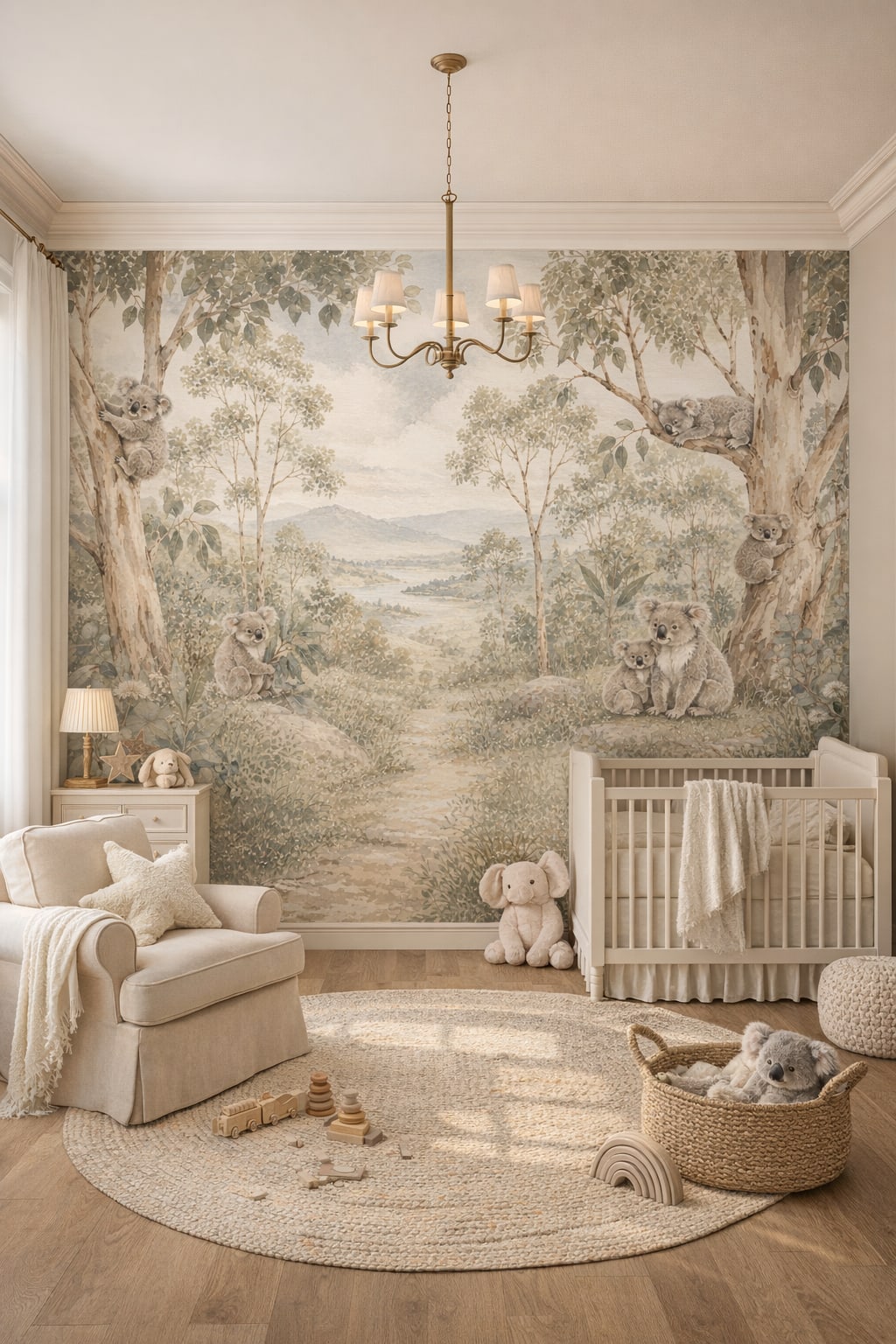 Classic Storybook sage koala featuring eucalyptus trees - Wall Mural Peel and Stick Wallpaper for Classic Storybook Nursery.