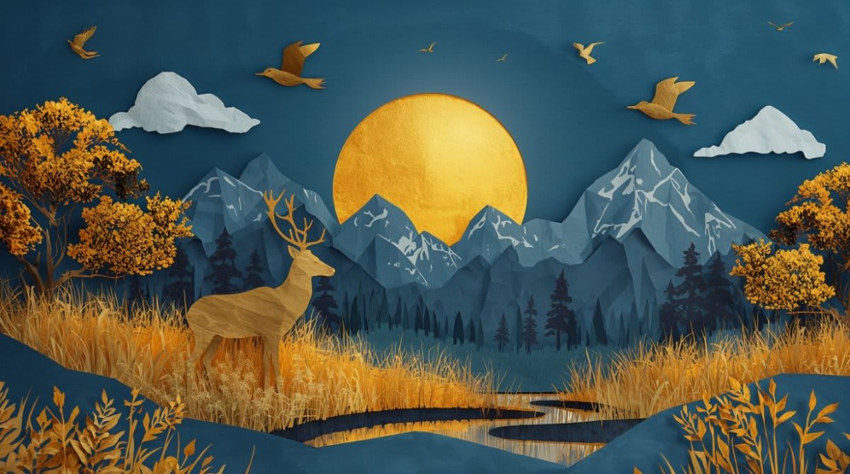Stately layered Navy deer featuring mountain landscape and golden sun - Wall Mural & Peel and Stick Wallpaper for Papercraft Interiors and Premium Home Styling.
