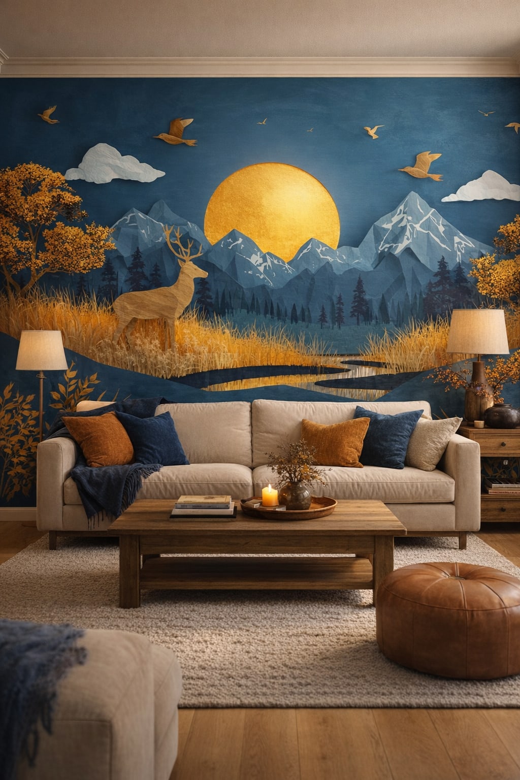 Moss-green woodland deer featuring mountain landscape - Wall Mural Peel and Stick Wallpaper for Woodland / Forest Living Room.