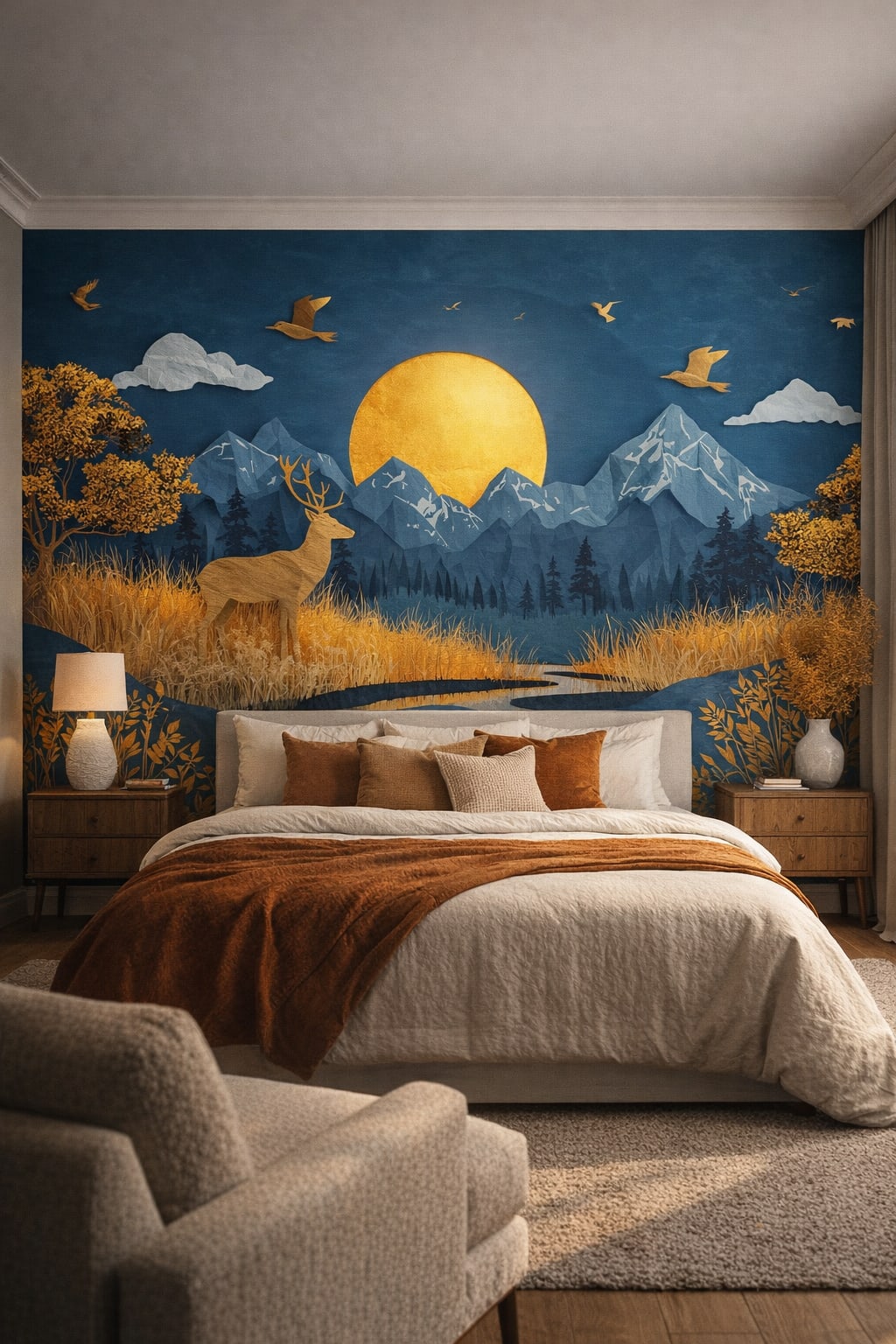 Organic Modern sand-toned deer featuring mountain landscape - Wall Mural Peel and Stick Wallpaper for Organic Modern Master Bedroom.