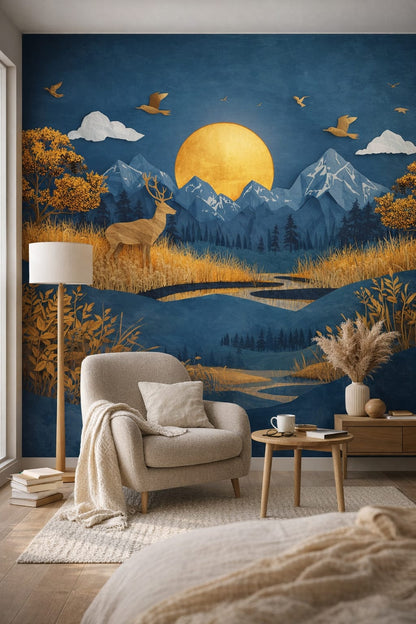 Japandi sand-toned deer featuring mountain landscape - Wall Mural Peel and Stick Wallpaper for Japandi Reading Corner.