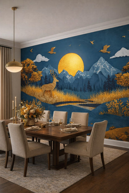 Quiet Luxury greige deer featuring golden sun - Wall Mural Peel and Stick Wallpaper for Quiet Luxury Formal Dining Room.